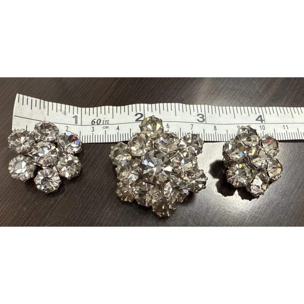 Vintage Signed Weiss Clear Rhinestone Brooch & Clip Earring Jewelry Set Estate